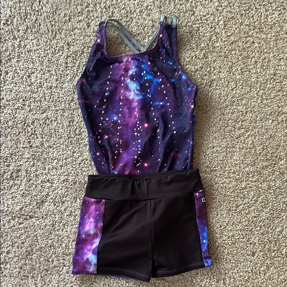 Galaxy Print Athletic Leotard and Shorts Set (50)